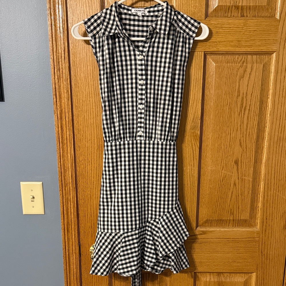 Express Checker Sleeveless Ruffle Dress